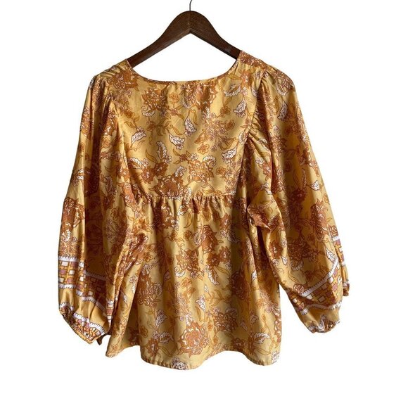 C&C California Mustard Yellow Floral 100% Cotton Peasant Top Tie Neck Size Large - Picture 2 of 12